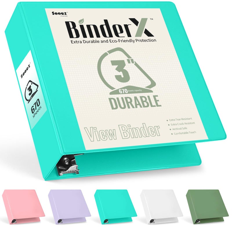 سويز مجلد Sooez BinderX فائق المتانة مقاس 3 بوصات مكون من 3 حلقات، مجلد كبير على شكل حرف D، يحمل 670 ورقة من ورق مقاس 8.5 × 11، غطاء عرض قابل للتخصيص مع جيبين داخليين، مجلد ذو 3 حلقات عالي التحمل للمدرسة، أزرق مخضر - Image 1